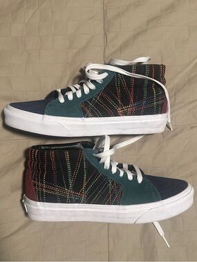 Vans High-Top Sneakers in Green, Navy & Burgundy with Multicolor Stitching